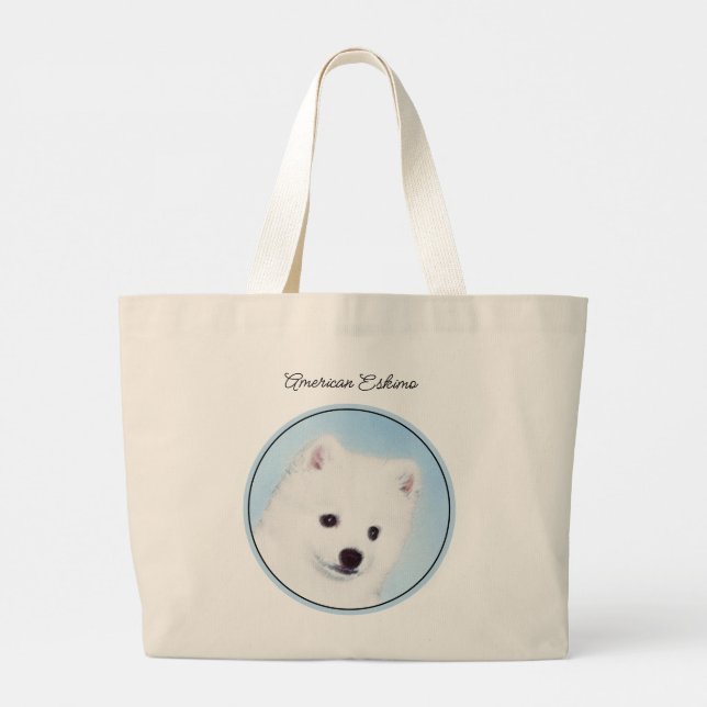 Bolsa Tote Grande Eskimo Americano, Eskie Puppy Pintando uma Arte Ca (Verso)