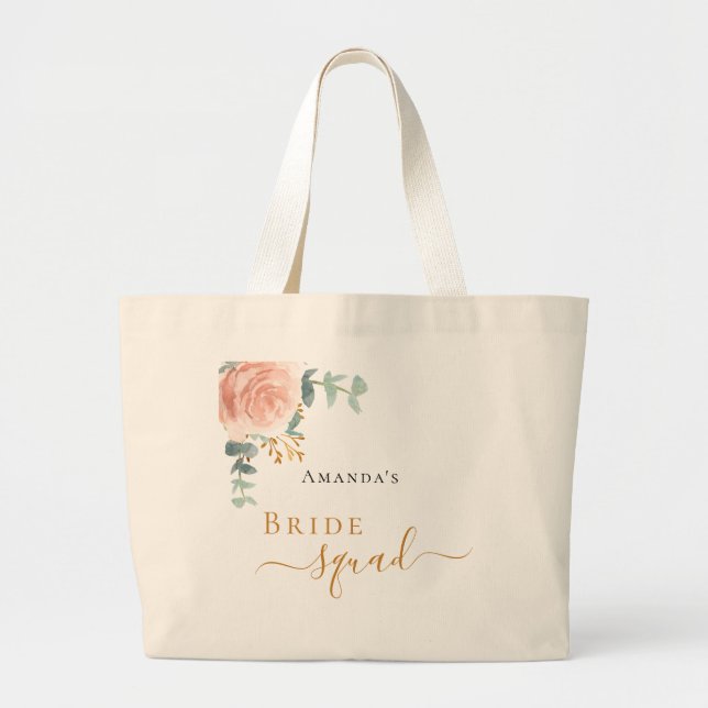 Bolsa Tote Grande Esquadrão da noiva em rose gold com flores e eucal (Frente)
