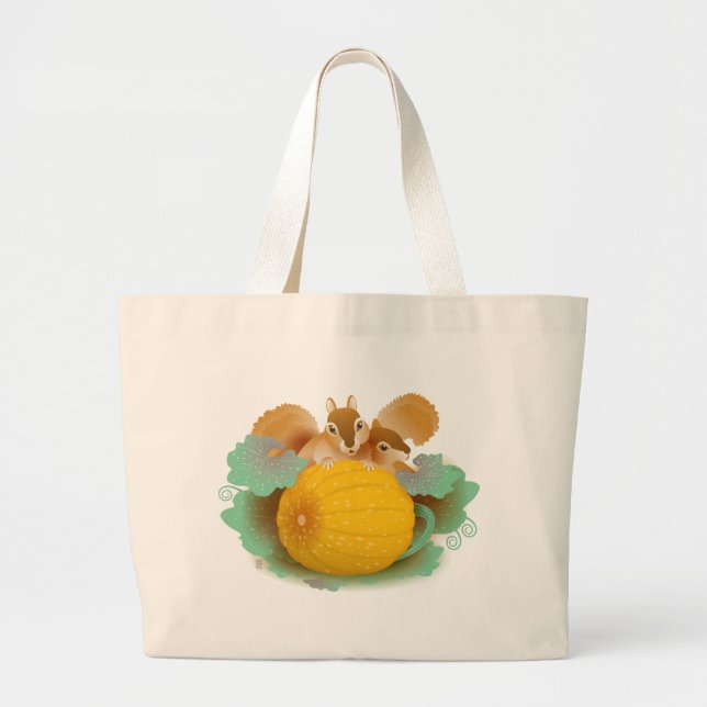 Bolsa Tote Grande esquilos no remendo da abóbora (Frente)