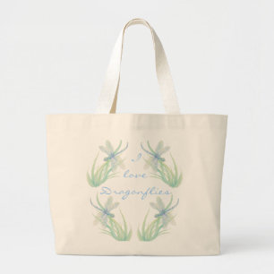 Bolsa Tote Grande Eu amo libélulas na aguarela azul e verde
