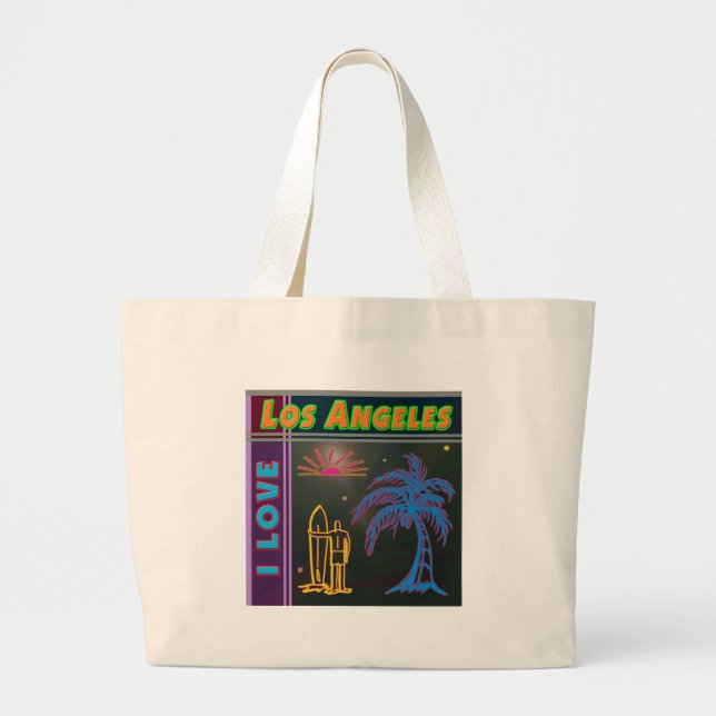 Bolsa Tote Grande "EU AMO Los Angeles" Sol, Palm Tree & Surfer Bag (Frente)