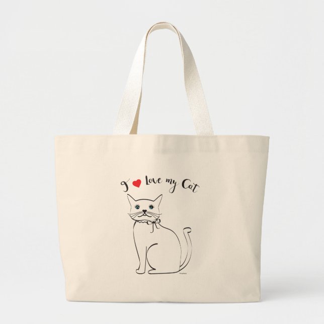 Bolsa Tote Grande Eu amo meu gato, bonito, Legal (Frente)