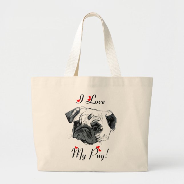 Bolsa Tote Grande Eu Amo Meu Pug! Coroa (Frente)
