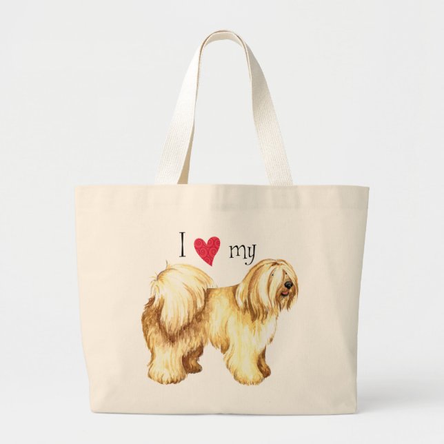 Bolsa Tote Grande Eu amo meu Terrier tibetano (Frente)