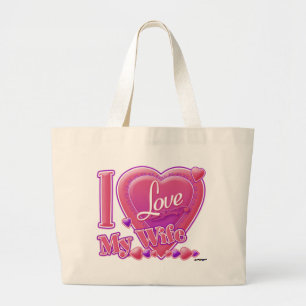 Bolsa Tote Grande Eu amo minha esposa rosa/púrpura - coração