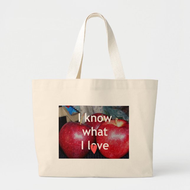 Bolsa Tote Grande "Eu Sei O Que Eu Amo" - Design Apple Themed (Frente)