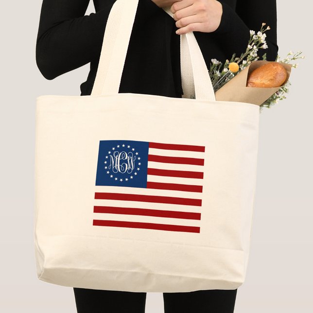 Bolsa Tote Grande EUA Flag Vine Script Monograma W Stars #2 (Criador carregado)