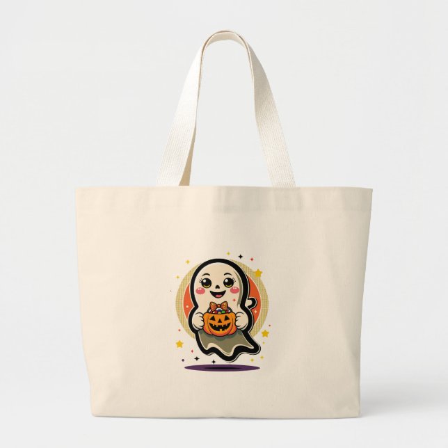 Bolsa Tote Grande Fantasma Fofo Segurando Balde de Doces de Abóbora  (Frente)