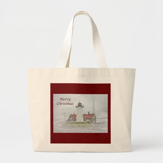 Bolsa Tote Grande Farol em neve Feliz Natal (Frente)