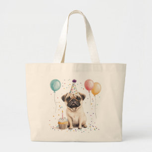 Bolsa Tote Grande Feliz Aniversário Pug Cachorro