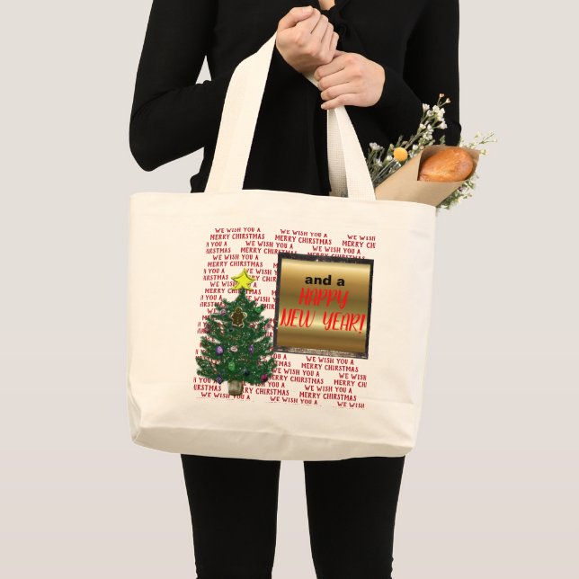 Bolsa Tote Grande Feliz ano novo da Árvore de Natal (Frente (produto))