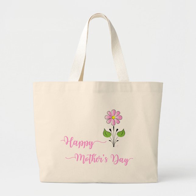Bolsa Tote Grande Feliz Dia das Mães com Flor Rosa (Frente)