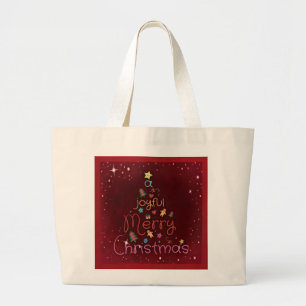 Bolsa Tote Grande Feliz Natal alegre que cumprimenta no vermelho