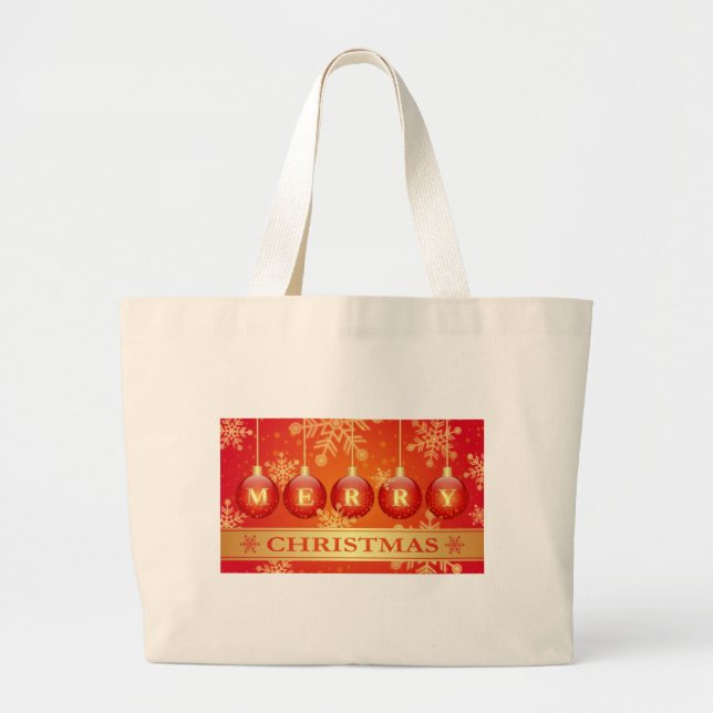 Bolsa Tote Grande Feliz Natal Baubles Red Dourados Ornaments (Frente)