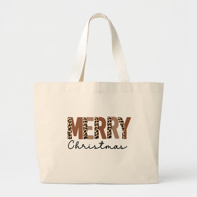 Bolsa Tote Grande "Feliz Natal" Moderno Bloqueio de Cor Leopard Boho (Frente)