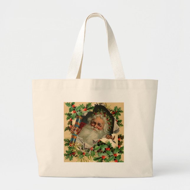 Bolsa Tote Grande Feliz Natal Pai Natal Claus Antiquado clássico (Frente)