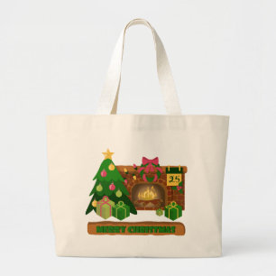 Bolsa Tote Grande Feliz Natal perto da árvore de Natal de lareira bo