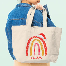 Bolsa Tote Grande Feliz Natal Santa Hat Rainbow Personalizado Tot