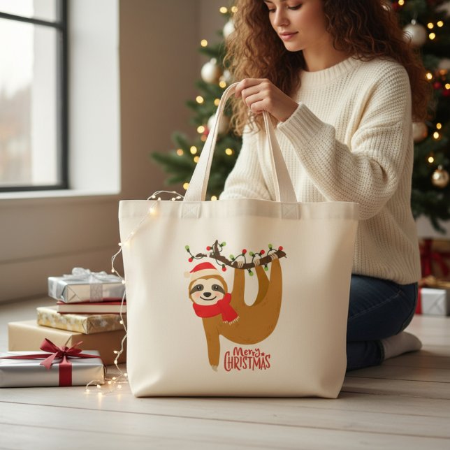 Bolsa Tote Grande Feliz Natal Sloth | Feriados (Criador carregado)