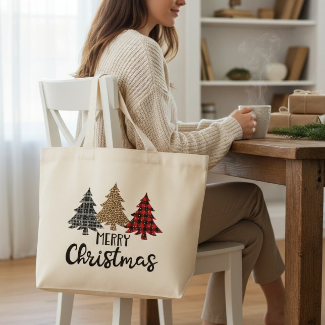 Bolsa Tote Grande Feliz Natal Xadrez Árvores de Natal (Criador carregado)