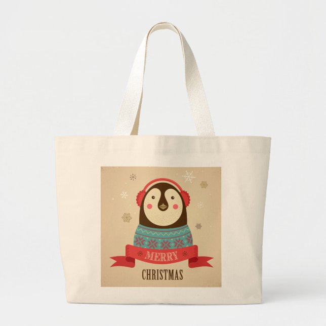 Bolsa Tote Grande Feliz Pinguim de Natal (Frente)