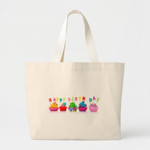 Bolsa Tote Grande Felizes Cupcakes de aniversário