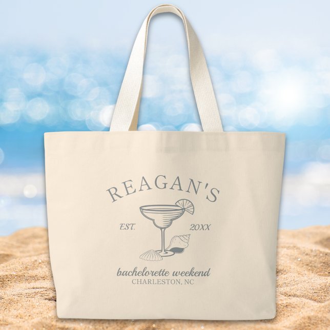 Bolsa Tote Grande Festa de Despedida de Solteira "Último Brinde na C ("last toast on the coast" bachelorette party girls weekend personalized tote beach bag party favor)
