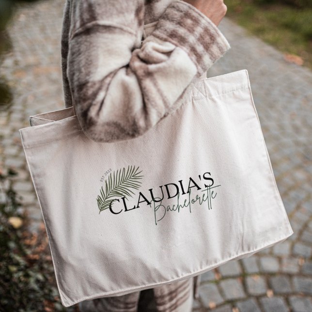 Bolsa Tote Grande Festa de solteira de Chic Personalizada da Noiva d (Custom Bride Name - Miami Palm Design, Bachelorette party Large Tote Bag)