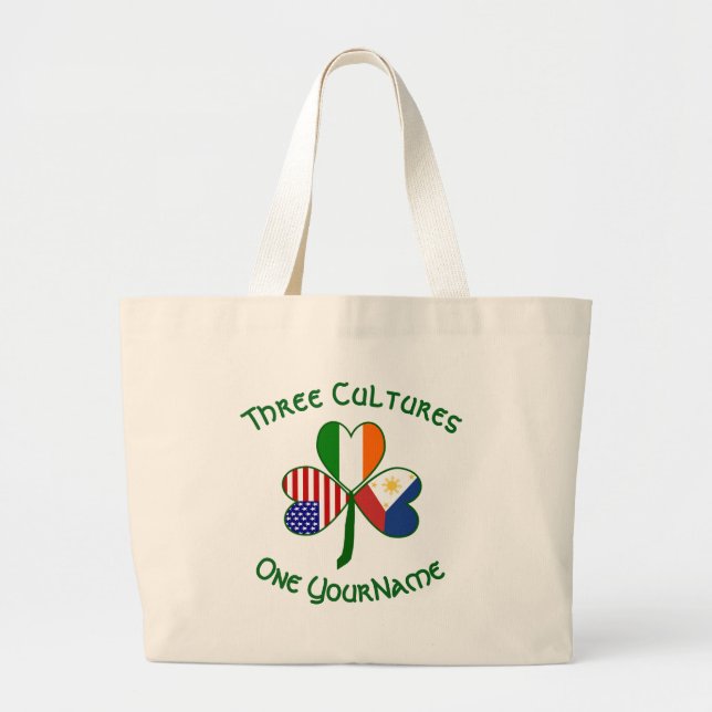 Bolsa Tote Grande Filipino Irish American Flagres Shamrock Personali (Frente)