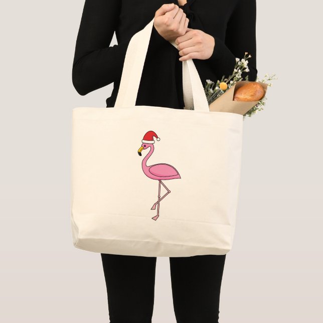 Bolsa Tote Grande Flamingo de Natal com Santa Hat (Frente (produto))