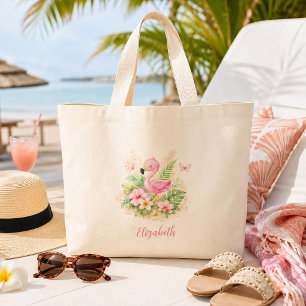 Bolsa Tote Grande Flamingo Rosa Bonito Floral Tropical