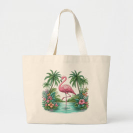 Bolsa Tote Grande Flamingo rosa com flores e palmeiras