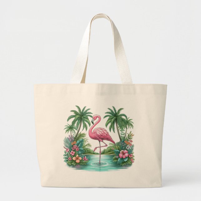 Bolsa Tote Grande Flamingo rosa com flores e palmeiras (Frente)