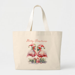 Bolsa Tote Grande Flamingos Rosa Feliz Natal