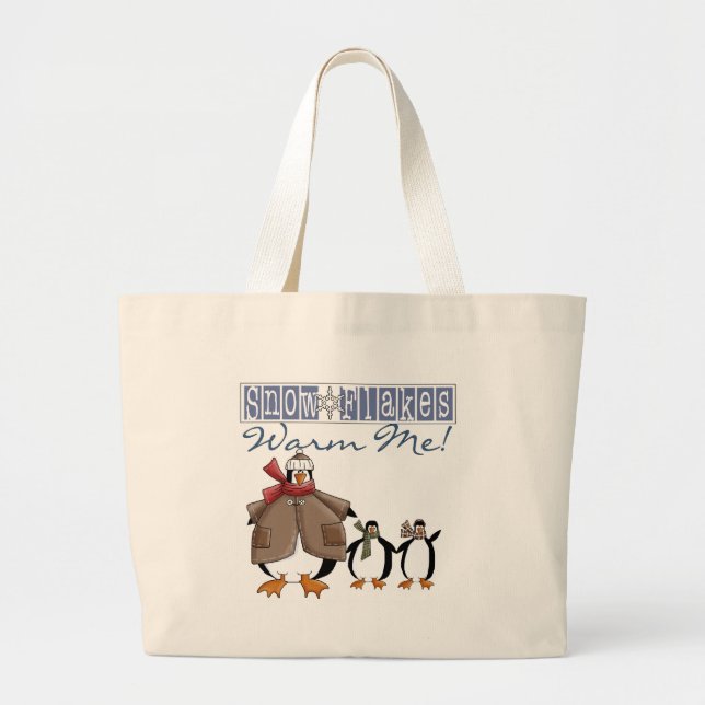 Bolsa Tote Grande Flocos de neve aquecem-me pinguins de férias (Frente)