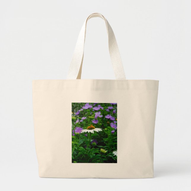 Bolsa Tote Grande Flor de Cone branca, flores roxas e mariposas (Frente)