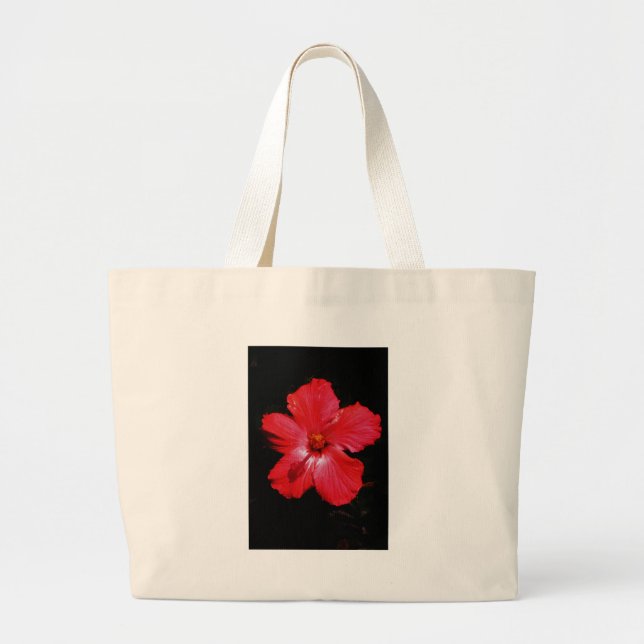 Bolsa Tote Grande Flor de Hibiscus Vermelho Rosa-Quente a Preto (Frente)
