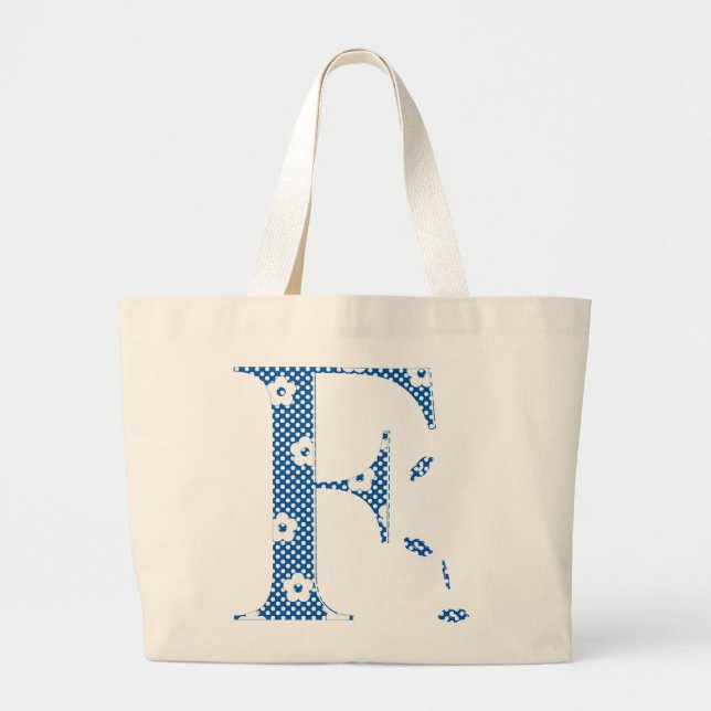 Bolsa Tote Grande Flor - Letra F (azul e pontos) (Frente)