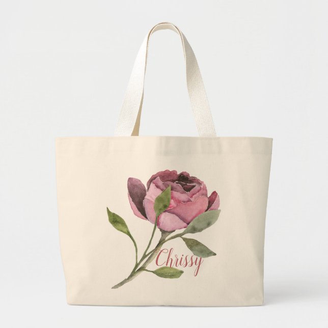 Bolsa Tote Grande Flor Rosa Grande com Nome (Frente)