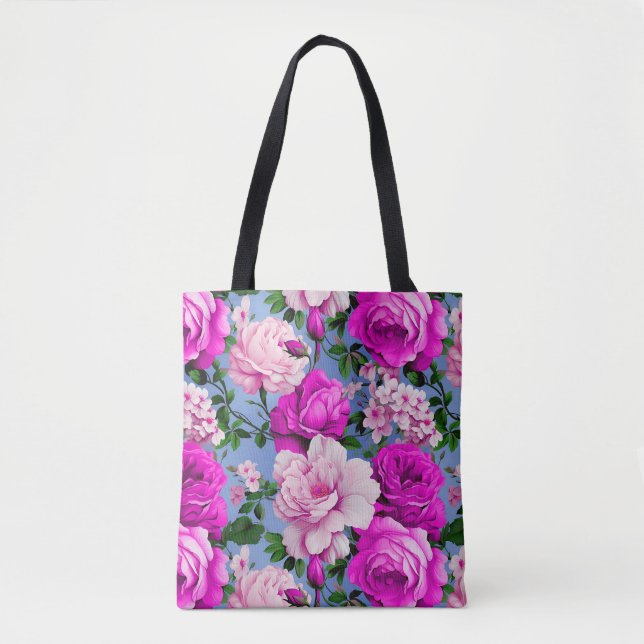 Bolsa Tote Grande Flor Rosa Roxa Retro (Frente)