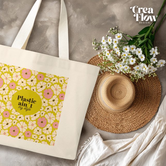 Bolsa Tote Grande Floral_Plástico brilhante não é o meu estilo (Perfect Mothers Day gift: Big shopper with eclectic floral print and text `Plastic ain´t my style´)
