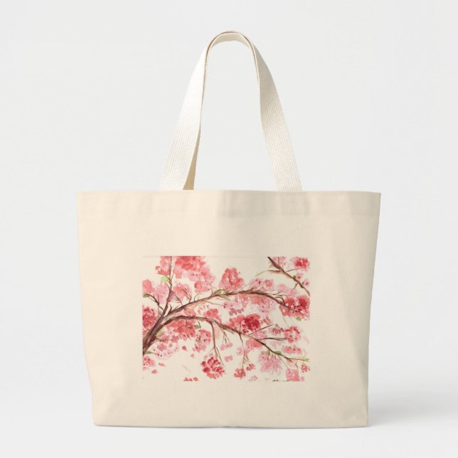 Bolsa Tote Grande Flores cor-de-rosa cereja Sakura Japonês (Frente)