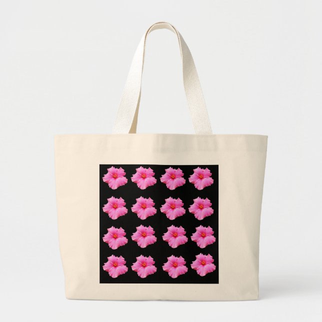 Bolsa Tote Grande Flores De Hibisco Rosa A Preto,_ (Frente)