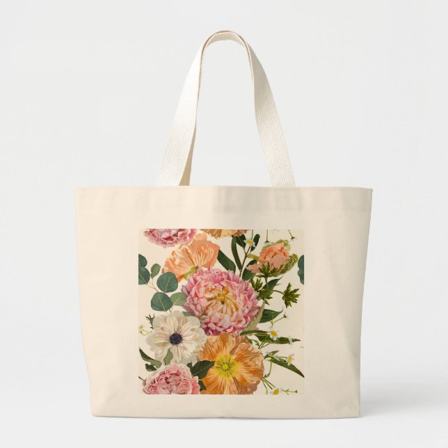 Bolsa Tote Grande Flores de jardim desenhadas à mão. (Frente)