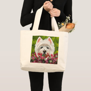 Bolsa Tote Grande Flores de Westie e Rosa