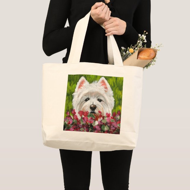 Bolsa Tote Grande Flores de Westie e Rosa (Frente (produto))