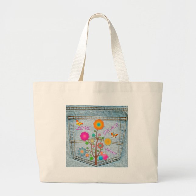Bolsa Tote Grande Flores no Bolso Traseiro de Jeans Paz Amor Esperan (Frente)
