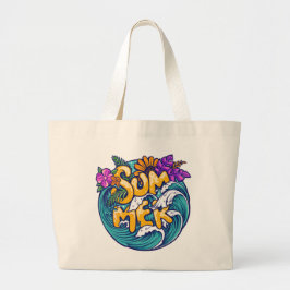 Bolsa Tote Grande Flores Tropicais de Verão Ondas de Oceano de Praia