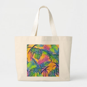 Bolsa Tote Grande Folhas tropicais grandes coloridas pintura aquosa
