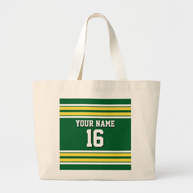 Bolsa Tote Grande Forest Green com Equipe de White Stripes Amarelas  (Frente)